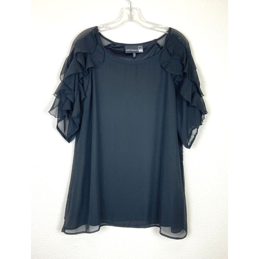 Anthony Original Women's Black Tunic Blouse with Ruffled Sleeves Size 14 Lined